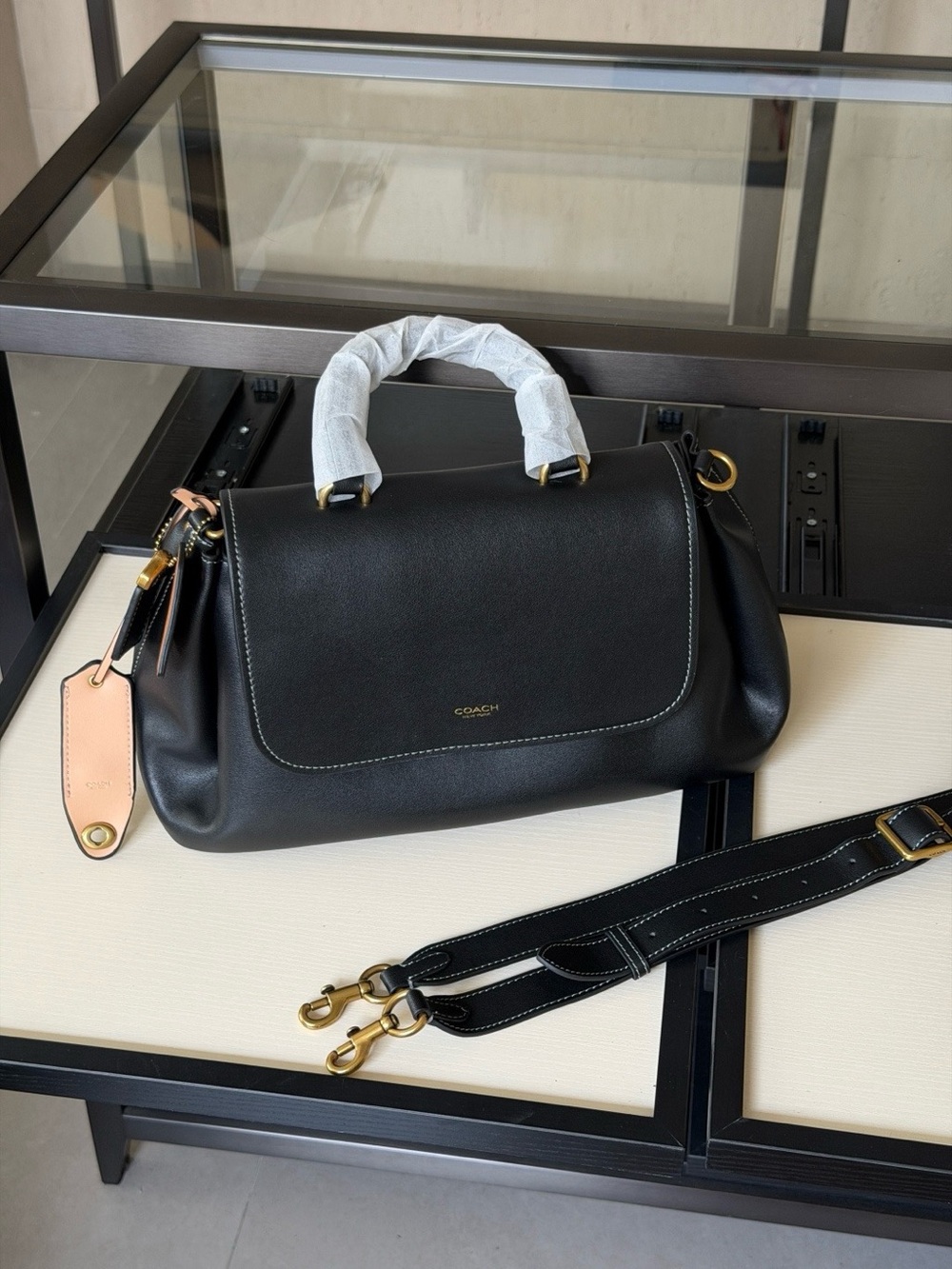 Coach Black Leather Crossbody Satchel with Pink Tan Tag